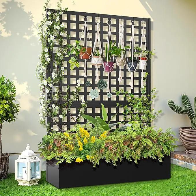 Metal Raised Garden Bed, Trellis Planters Bed with Drainage Holes for Climbing Plants, Vegetables Outdoor Privacy Screen with Planter Box 73"x47"x16", Black by GreenHaven Gardens