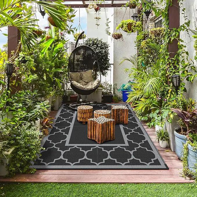 GENIMO Outdoor Rug 9' x 12' Waterproof for Patio Decor, Reversible Plastic Straw Area Rugs Mat for Camper, Outside Carpet for Camping, Rv, Deck, Porch, Picnic, Beach, Balcony, Black & Grey by GreenHaven Gardens