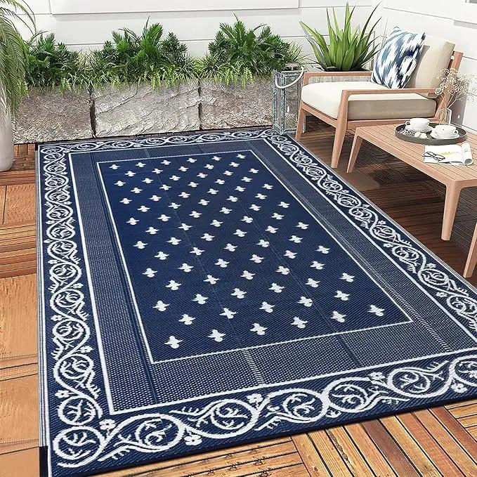 Pauwer Waterproof Outdoor Rug 8x10, Reversible Plastic Straw Patio Camping Rug, Indoor Outdoor RV Mat Carpet for Deck, Camper, Porch, Balcony, Backyard, Picnic, Bordered Navy by GreenHaven Gardens