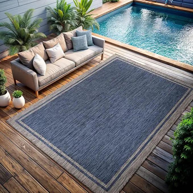CAMILSON Outdoor Rug, 5x7 Bordered Navy Blue Gray Modern Area Rugs for Indoor and Outdoor Patios, Porches Waterproof Washable Porch Deck Outside Carpet (Bordered Navy, 5 x 7) by GreenHaven Gardens