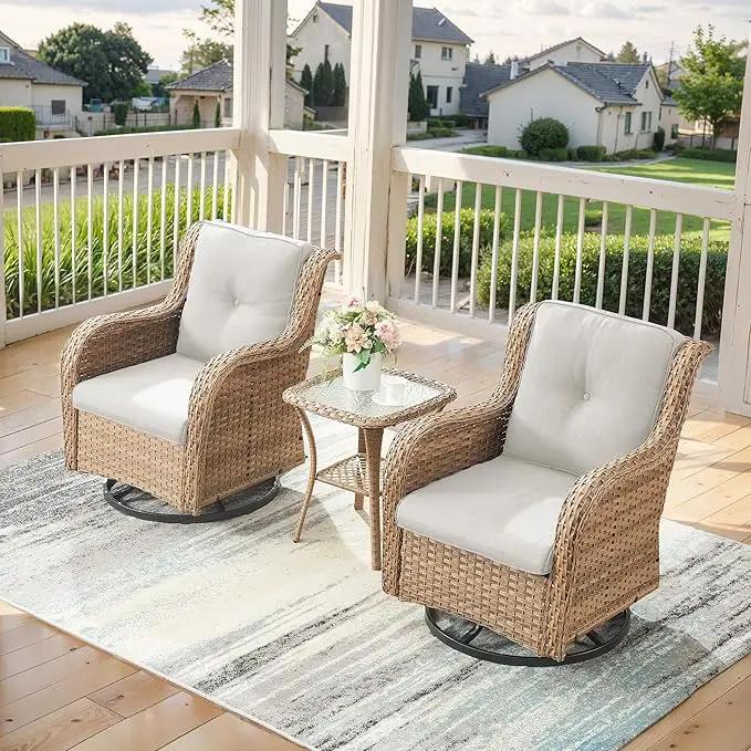 Outdoor Swivel Rocker Patio Chairs - 360 Degree Swivel Glider Seating 350LBS Weight Capacity 3 Piece Wicker Rocking Chairs Set with Side Table for Porch Balcony Deck, Yellow/Beige by GreenHaven Gardens