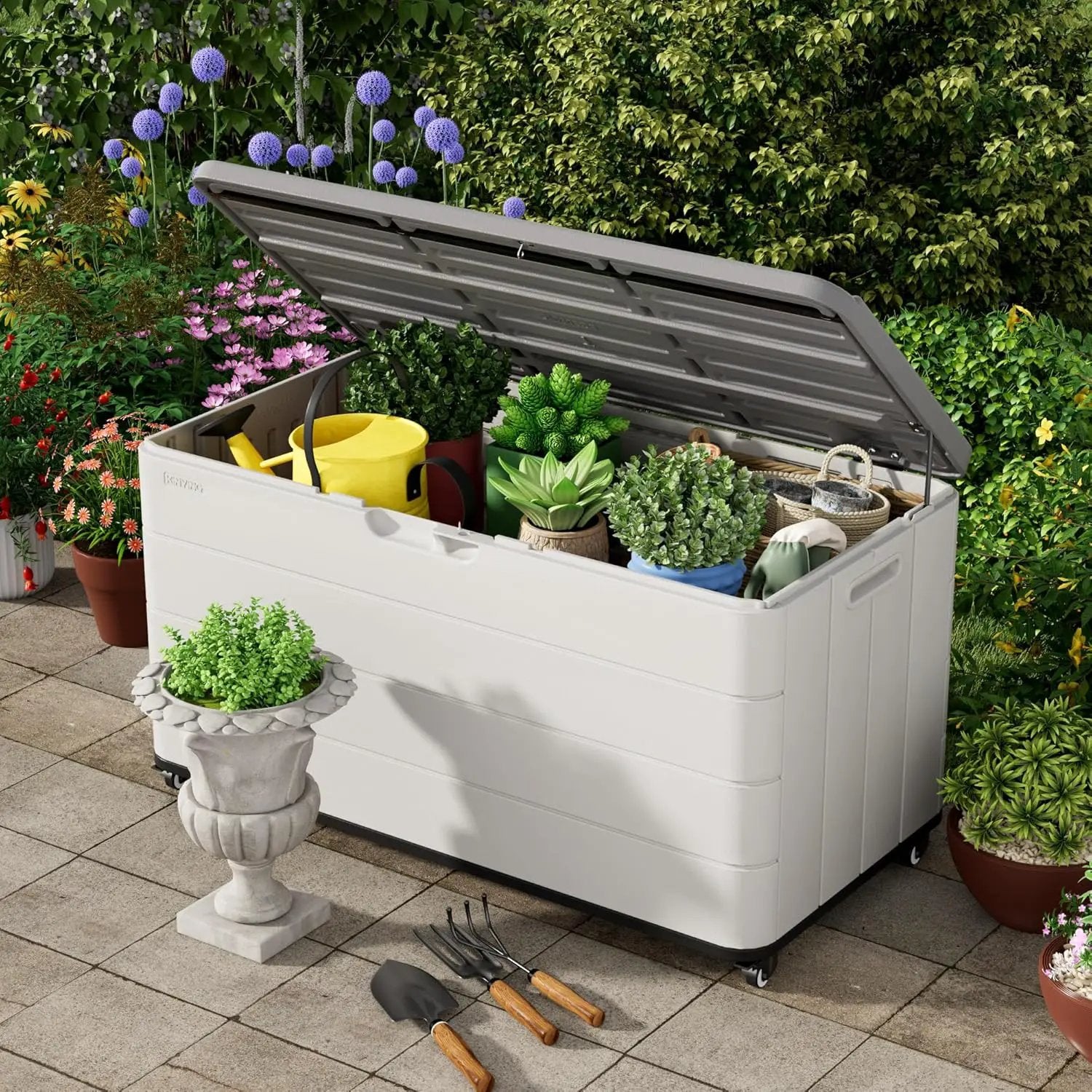 100GAL White Resin Deck Box with Wheels – Lockable, Waterproof, SGS-Tested UV Resistance, Spacious Outdoor Storage for Patio Cushions & Pool Gear, Easy Assembly by GreenHaven Gardens