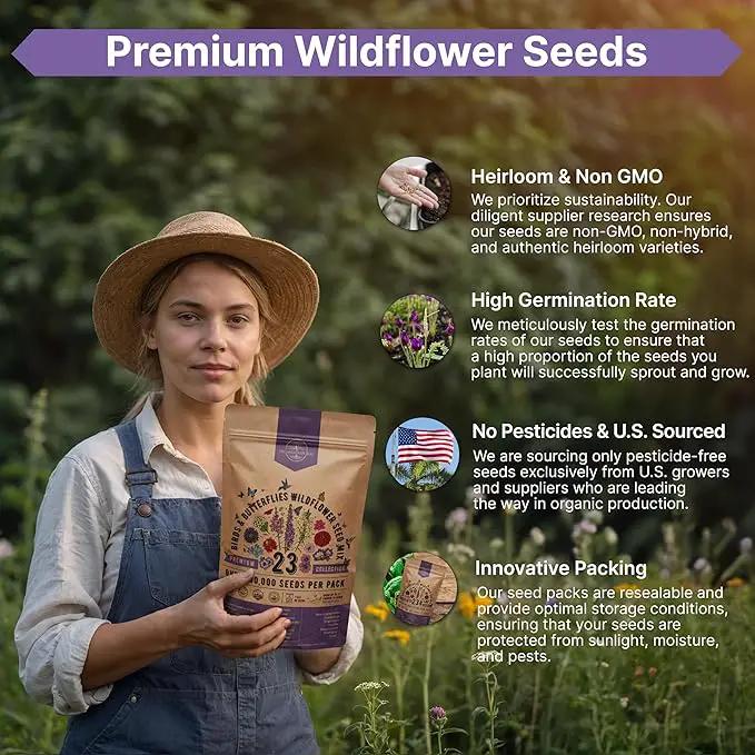 Organo Republic 23 Wildflower Seeds Annual & Perennial Mix for Indoor & Outdoors, Attract Birds & Butterflies 100,000+ Non-GMO, Heirloom Garden Seeds, 4oz Packet for Growing Wild Flowers by GreenHaven Gardens