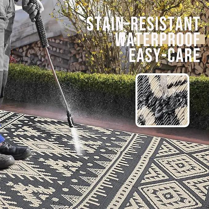 OLANLY Outdoor Rug Waterproof 9x12 ft, Reversible Outdoor Plastic Straw Rug, Boho Patio Rug, Indoor Outdoor Carpet, RV Mat Outside for Patio, Camp, Picnic, Balcony, Deck, Backyard, Black & Beige by GreenHaven Gardens