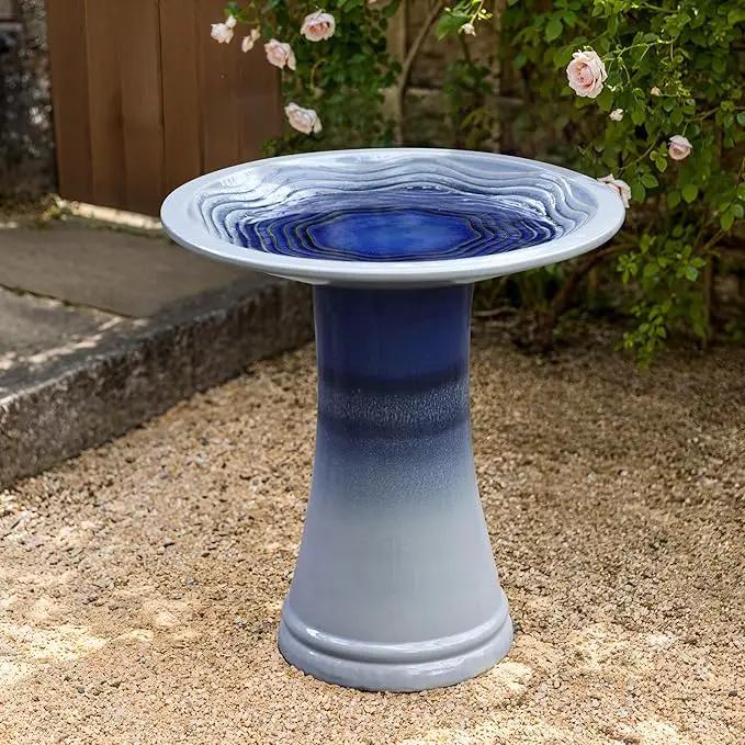 LuxenHome 18 Inch Ceramic Bird Bath for Outside, Elegant Tall Outdoor Bird Bath, Lightweight Pedestal Glazed Birdbaths for Outdoors with Swirl Pattern, Ombre Blue by GreenHaven Gardens