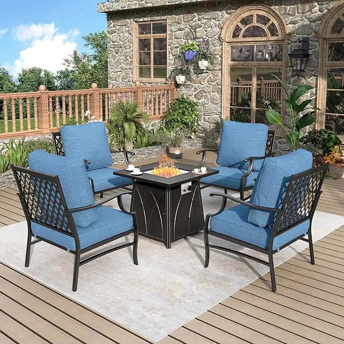 Patio Furniture Set with Fire Pit Table, 5 Pcs Metal Outdoor Conversation Set, 4 Single Chairs with 5.75" Extra Thick Cushion and 28" Fire Pit Table for Backyard Deck, Navy Blue by GreenHaven Gardens