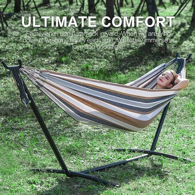 PNAEUT Double Hammocks with Stand for Outside, Portable Space Saving Heavy-Duty Steel Stand for Indoor Outdoor Patio with Carrying Bag, 450 lbs Capacity (Coffee) by GreenHaven Gardens
