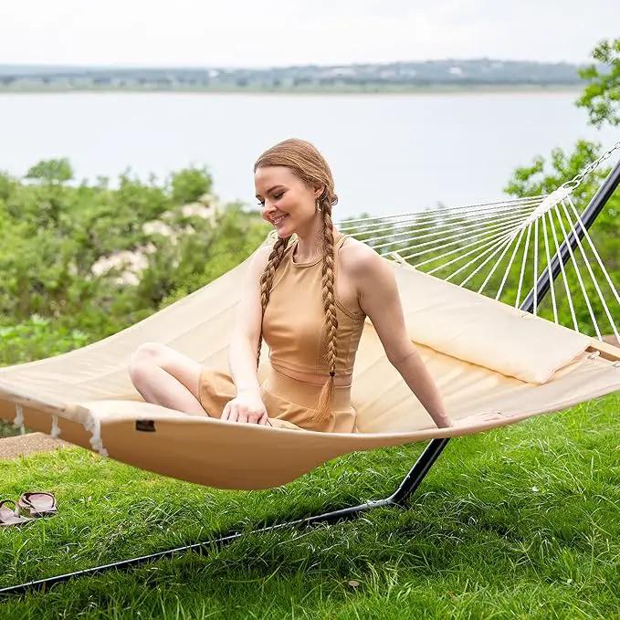 SUNCREAT Double Outdoor Hammock with 15 ft Stand, Standing Patio Hammocks for Outside, Beige by GreenHaven Gardens