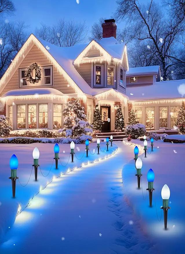 Brightown Frosted C9 LED Christmas Lights Outdoor, 32Ft Christmas Pathway Lights with 25 LED Bulbs and Stakes, Christmas Decorations Outside Driveway Walkway Sidewalk, Blue and White by GreenHaven Gardens