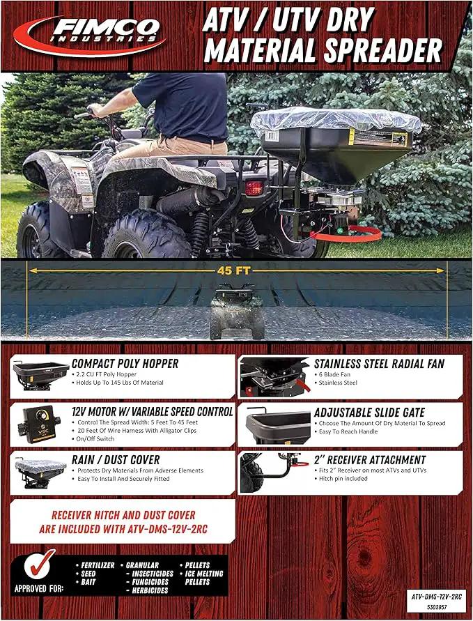 FIMCO 5302957 (ATV-DMS-12V-2RC) 2.2 cu ft ATV/UTV Dry Material Spreader with 2" Receiver Mount & Rain Cover Bundle with DU-Most Heavy-Duty Walnut Hand Scrub & Cleaner, 16 oz by GreenHaven Gardens