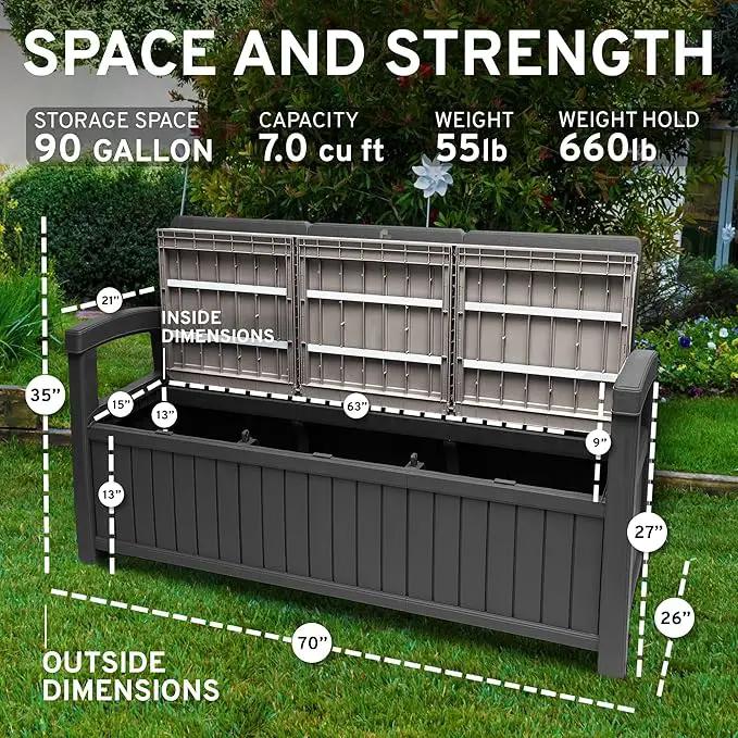 EconoHome 3 Seat Outdoor Storage Bench - 90 Gallon Capacity - Weatherproof Resin Bench for Patio, Porch, Garden, Yard, Pool Area - Furniture for Pool Accessories, Gardening Tools, Toys by GreenHaven Gardens