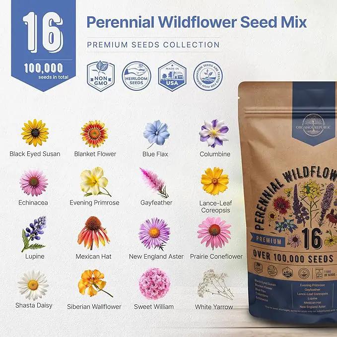 Organo Republic 16 Perennial Wildflower Seeds Mix for Indoor & Outdoors. 100,000+ Non-GMO, Heirloom Wildflower Garden Seeds, 4oz Packet for Growing Wild Flowers to Attract Bees, Butterflies & Birds by GreenHaven Gardens