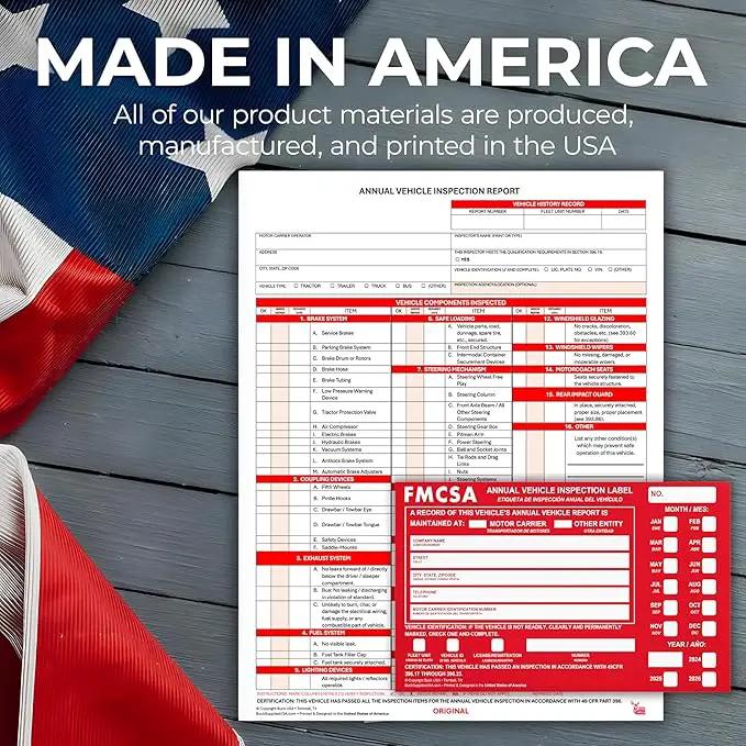 100 Pack 3-Ply Carbonless Annual Vehicle Inspection Report Forms with FMCSA Red Aluminum Adhesive Labels, DOT Inspection Forms and Stickers, Shrink-Wrapped, 8.5" x 11.75" - Made in USA by GreenHaven Gardens