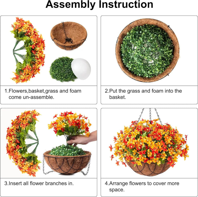 Artificial Silk Flowers Hanging Baskets Outdoors,Chrysanthemum with Eucalyptus Leaves Arrangement for Garden Yard Decor,Faux Plant in Metal Coconut Lining Flowerpot(Orange) by GreenHaven Gardens