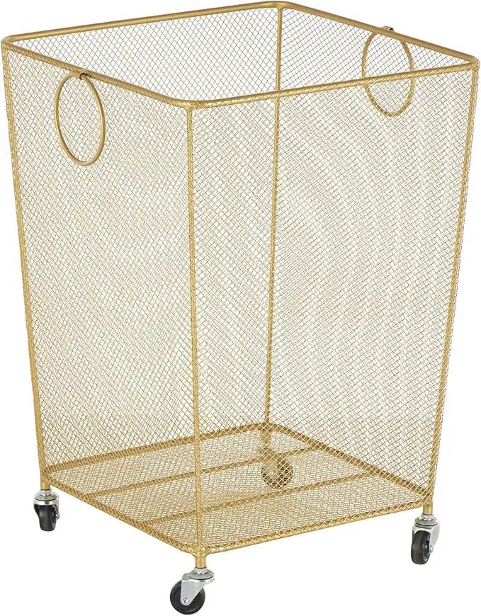 Deco 79 Metal Storage Cart Square Mesh Wire Rolling Laundry with Ring Handles, 17" x 16" x 24", Gold by GreenHaven Gardens