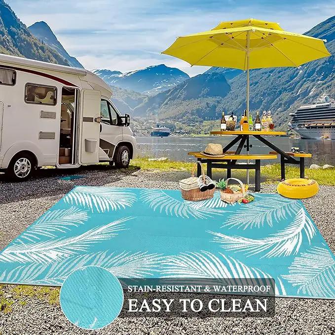 Pauwer Waterproof Outdoor Rug 6x9, Reversible Plastic Straw Patio Camping Rug, Indoor Outdoor RV Mat Carpet for Deck, Camper, Porch, Balcony, Backyard, Picnic, Leaf Teal by GreenHaven Gardens