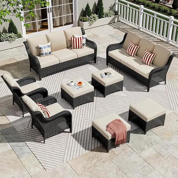 ovios 8 Pieces Patio Furniture Set, Outdoor Wicker Sofas with 2 Chairs, 4 Ottomans and Comfy Cushions, All Weather High Back Couch Set for Deck Porch, Brown Rattan, Beige by GreenHaven Gardens