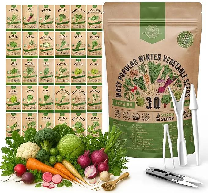 Organo Republic 30 Most Popular Winter Vegetable Garden Seeds Variety Pack- Outdoors/Indoor 33,200+ Non-GMO Heirloom Veggie Seeds Broccoli Beet Carrot Cabbage Chives Lettuce Radish Pea Spinach & More by GreenHaven Gardens
