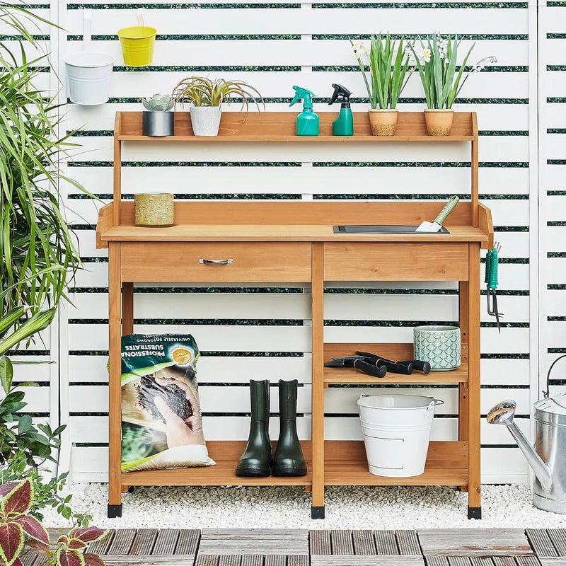 Yaheetech Potting Bench Outdoor Garden Work Bench Station Planting Solid Wood Construction for Horticulture w/Sink Drawer Rack Shelves Natural Wood by GreenHaven Gardens