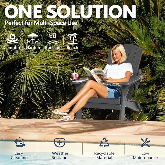 Folding Adirondack Chair Set of 4 with Cup Holder, HDPE All Weather Resistant Plastic Outdoor Patio Chairs, Heavy Duty Fire Pit Seating for Backyard Lawn Garden, Wooden Textured Design(Gray) by GreenHaven Gardens