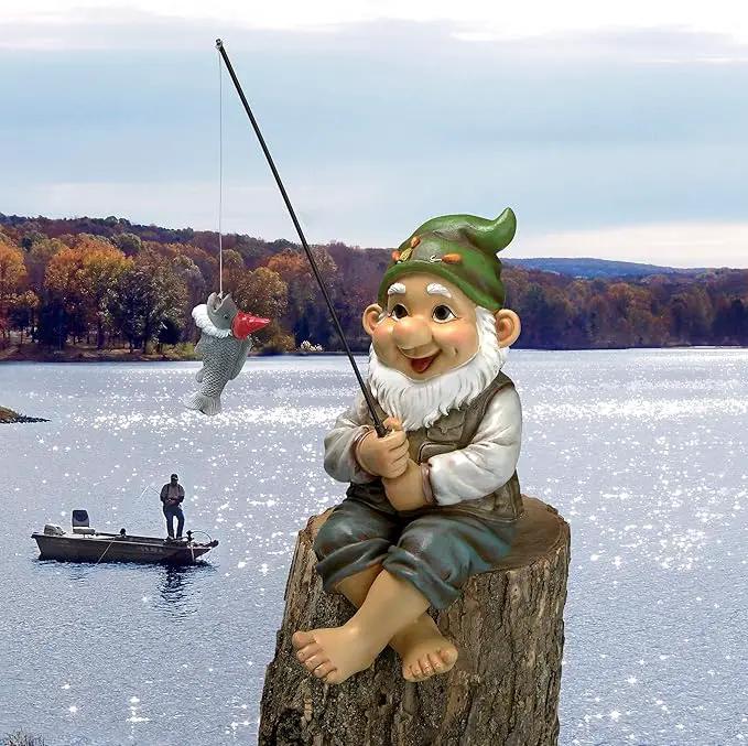 Design Toscano Ziggy with Fishing Pole Garden Gnome Indoor/Outdoor Shelf Sitter Statue, 9 Inch Tall, Cast Stone Resin, Full Color Finish by GreenHaven Gardens