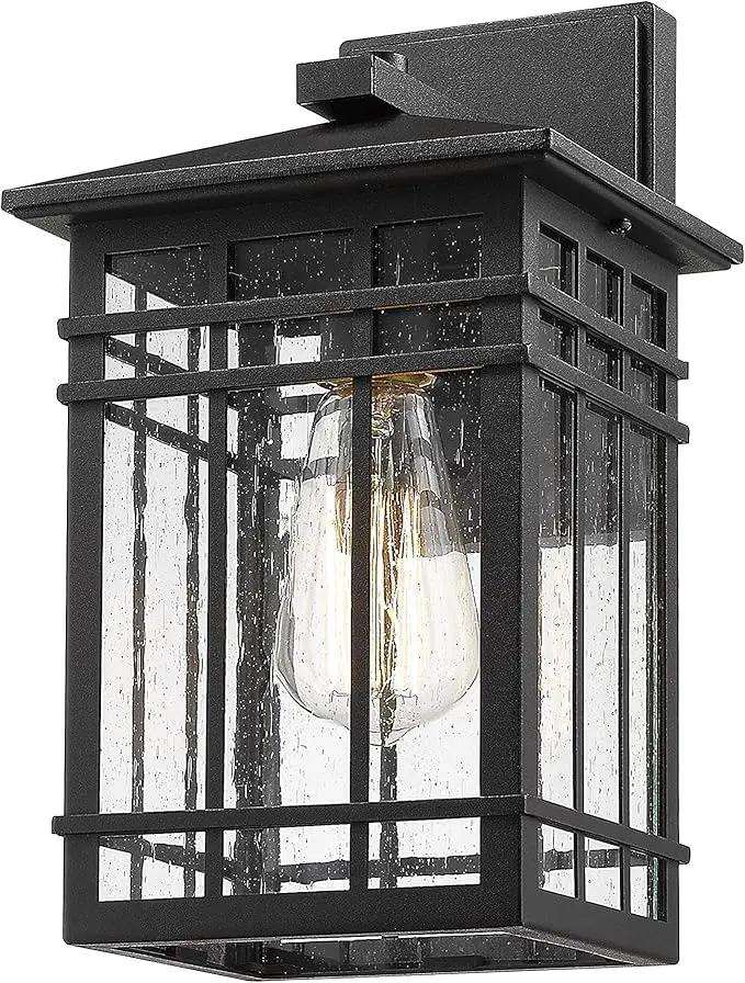 Outdoor Wall Lantern, Exterior Light Fixture Mount, 1-Light Waterproof Lighting With Seeded Glass for Porch, Garage, Patio, Hallway, Entryway, Black by GreenHaven Gardens