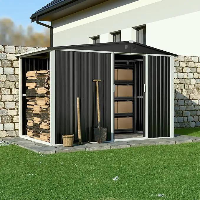 Metal Outdoor Storage Shed 10FT x 6FT with Firewood Storage, Steel Utility Tool Shed Storage House with Sliding Door, Metal Sheds Outdoor Storage for Backyard Garden Patio Lawn, Black by GreenHaven Gardens