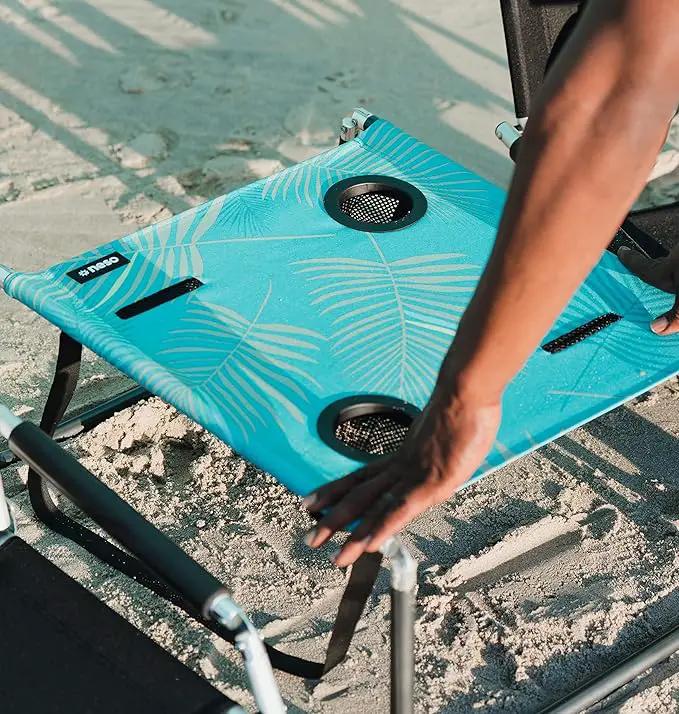 Neso Portable Beach Table with Cup Holders, Cell Phone Pockets, Lightweight for Picnics and Parks (Aqua Fronds) by GreenHaven Gardens