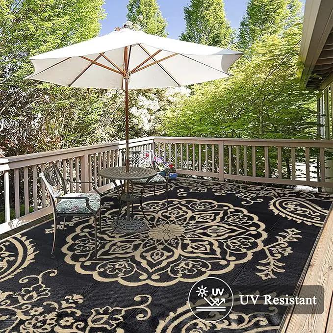 Pauwer Waterproof Outdoor Rug 8x10, Reversible Plastic Straw Patio Camping Rug, Indoor Outdoor RV Mat Carpet for Deck, Camper, Porch, Balcony, Backyard, Picnic, Boho Black Brown by GreenHaven Gardens