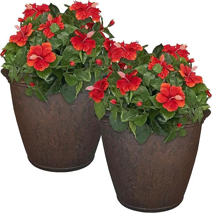 Sunnydaze 24-Inch Anjelica Large Plastic Pot for Plants - Outdoor Polyresin Round Planter with Drillable Drainage Holes - Rust - 2pk by GreenHaven Gardens