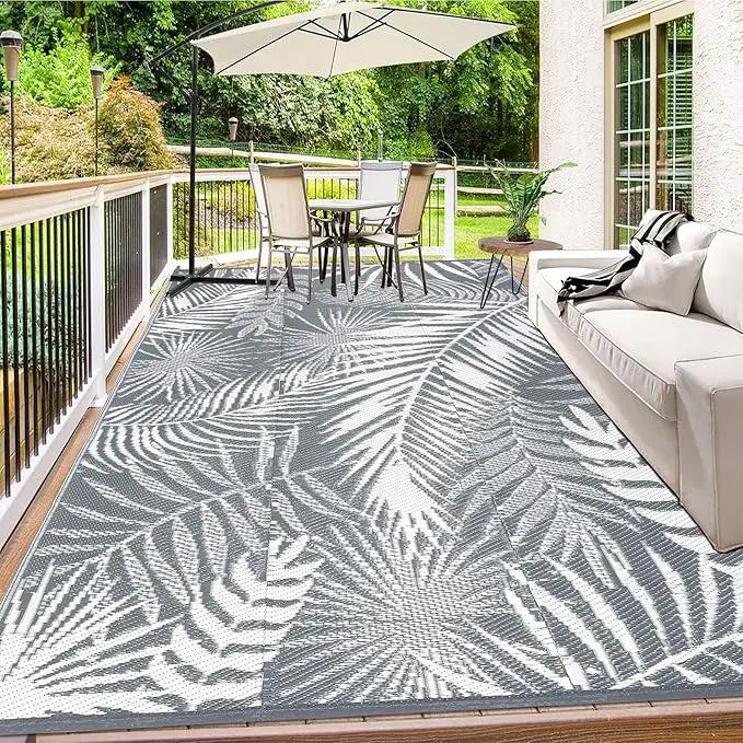 Outdoor Rug 10'x8' Waterproof for Patios Clearance, Reversible Outdoor Plastic Straw Rug Camping Carpet, Outside Floor Mats Large Area Rugs for RV,Patio,Deck,Porch,Beach,Balcony,Grey&White by GreenHaven Gardens