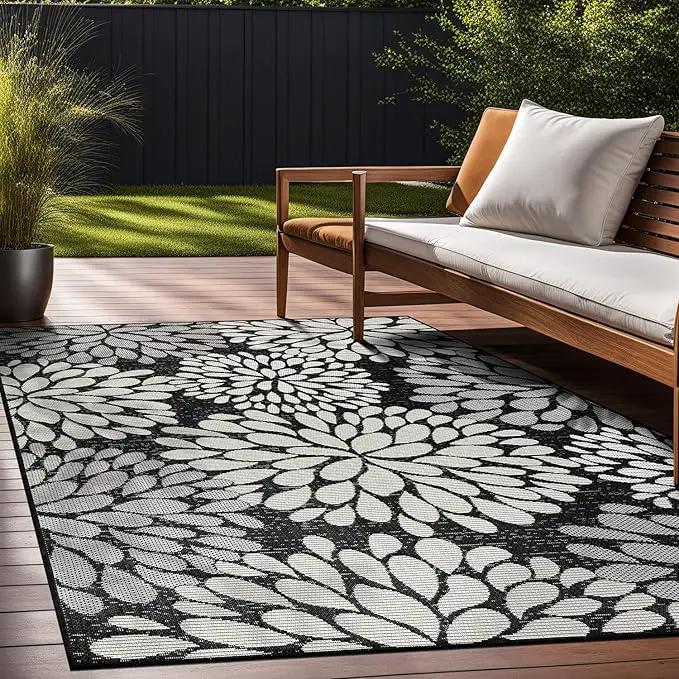 Beverly Rug Outdoor Rug 9x12 Modern Exotic Tropical Leaf Area Rugs for Indoor and Outdoor Patio Deck Porch Garden Water Resistant Washable Outside Carpet (9 x 12 Dark Gray) by GreenHaven Gardens