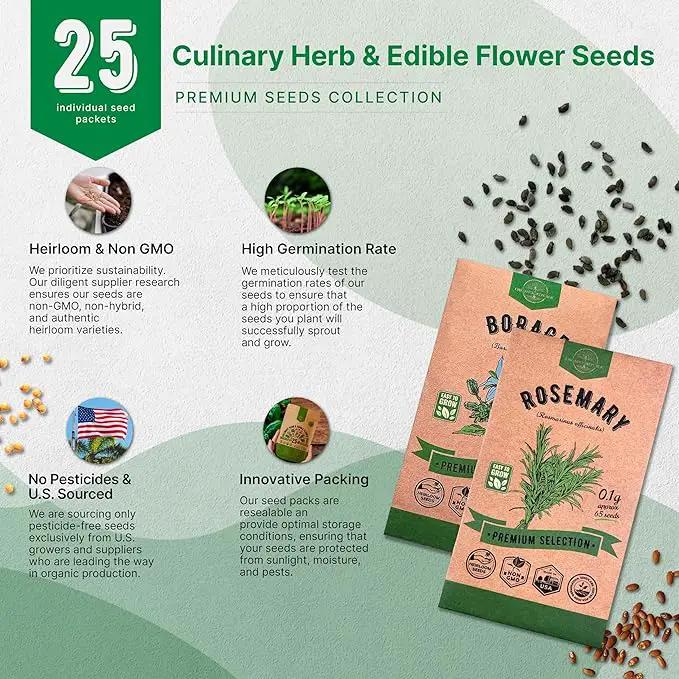 25 Culinary Herbs & Edible Flower Seed Variety Pack for Planting Indoor & Outdoors. 11900+ Non-GMO Heirloom Flower Seeds: Basil, Borage, Echinacea, Lavender, Oregano, Rosemary Seeds & More by GreenHaven Gardens