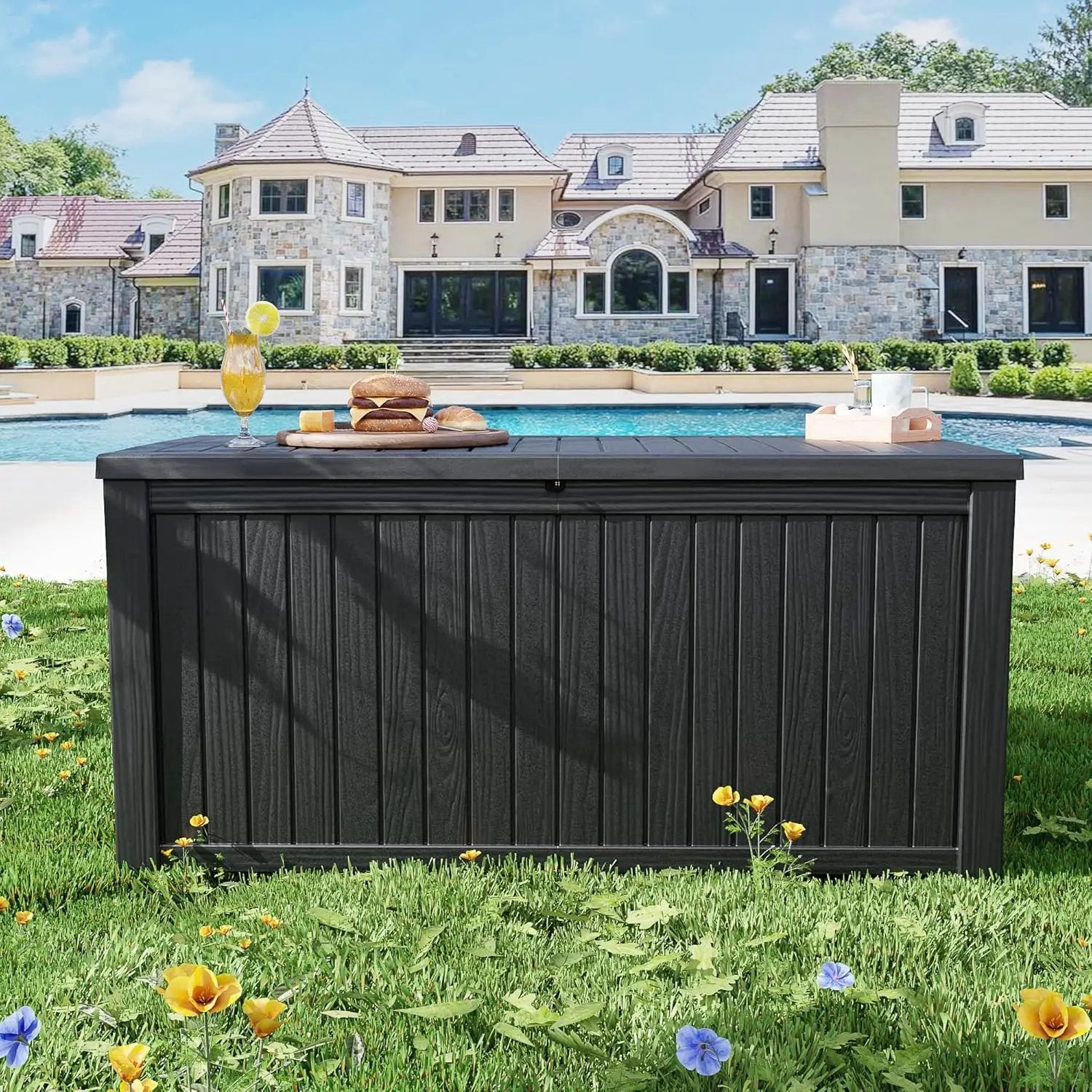 200 Gallon Waterproof Large Resin Deck Box Indoor/Outdoor Lockable Storage Container and Seating for Garden, Pool, and Patio (200 Gallon, Black) by GreenHaven Gardens