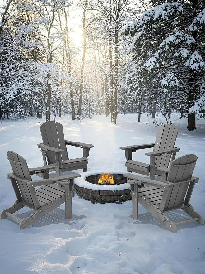 KINGYES Folding Adirondack Chair Set of 4, Dual Cup Holders & All-Weather HDPE, Wood-Like Patio Chair for Backyard, Camping, Pool & Fire Pit, Grey by GreenHaven Gardens