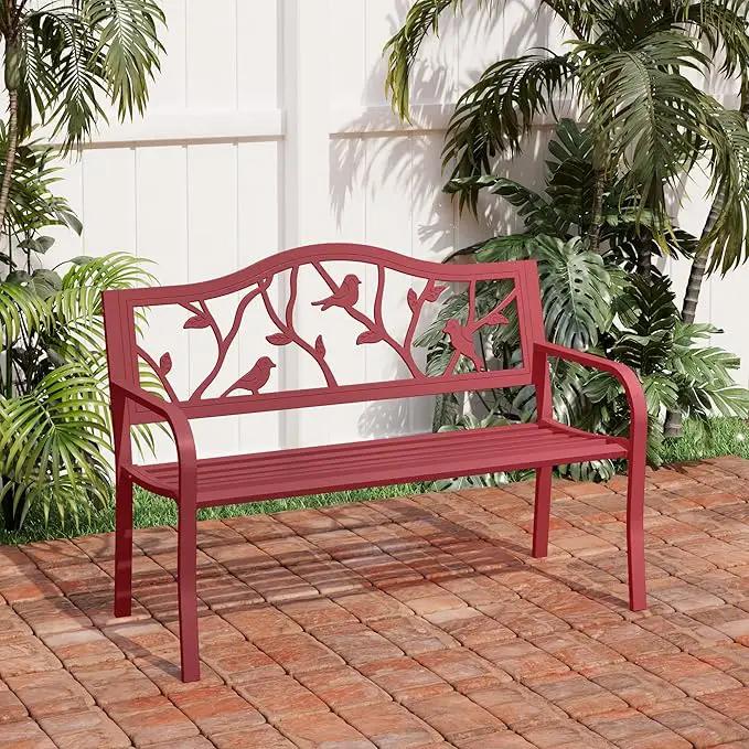 PHI VILLA Outdoor Patio 50" Metal Park Bench Red, Steel Frame Bench with Backrest and Armrests for Porch, Patio, Garden, Lawn, Balcony, Red Bird by GreenHaven Gardens