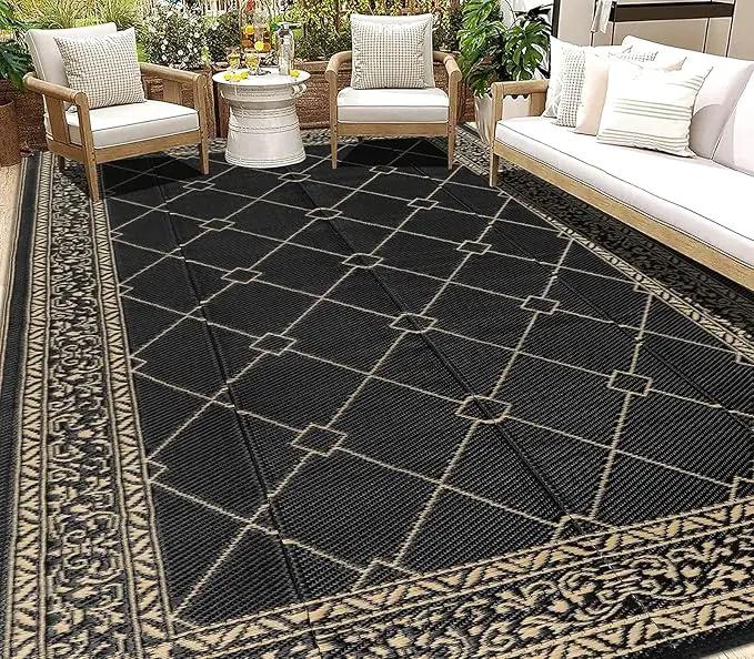 HEBE Outdoor Rug Waterproof 9x12, Reversible Plastic Straw Rug RV Camping Rug, Indoor Outdoor Patio Mat Clearance, Outside Carpet for Porch,Deck,Camper,Balcony,Backyard,Picnic by GreenHaven Gardens