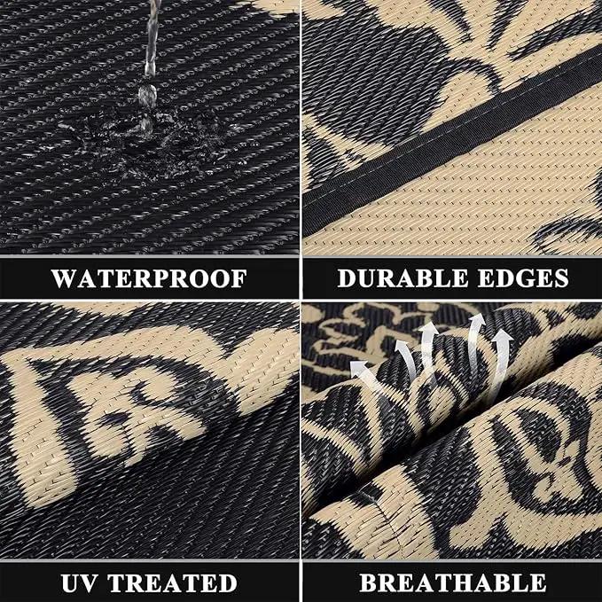 Pauwer Waterproof Outdoor Rug 8x10, Reversible Plastic Straw Patio Camping Rug, Indoor Outdoor RV Mat Carpet for Deck, Camper, Porch, Balcony, Backyard, Picnic, Boho Black Brown by GreenHaven Gardens