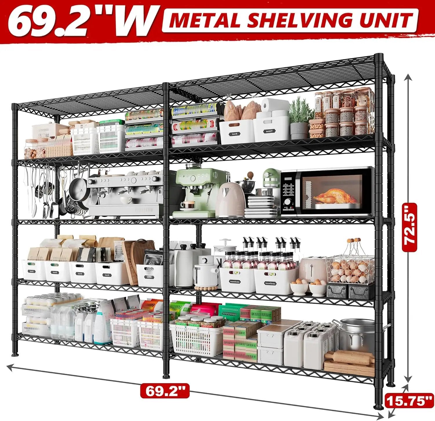 REIBII 70" W Storage Shelves Heavy Duty Load 1600LBS, Metal Shelving 5-Tier Wire Shelving Unit Metal Shelves for Storage Adjustable Shelving Rack for Pantry Kitchen 70" W*15.8" D*72.4" H, 2 Pack by GreenHaven Gardens