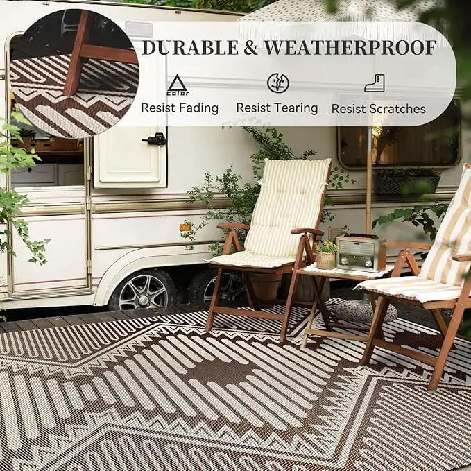 MontVoo Outdoor Rug-Waterproof Patio Rug Mat 5x8 Outdoor Carpet Mat Reversible Plastic Straw Outside Outdoor Rug for RV Camping Picnic Balcony Backyard Pool Deck Porch Modern Boho Beige Brown by GreenHaven Gardens