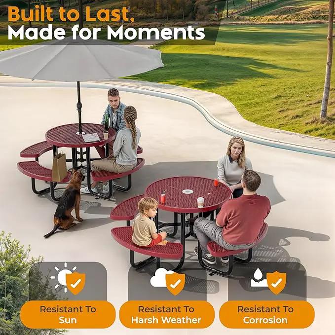 Metal Picnic Tables for Outdoors with Umbrella Hole - Coated Steel Heavy Duty Commercial Grade Table with Adjustable Seats (Red, 38 in, Round, Expanded Steel) by GreenHaven Gardens