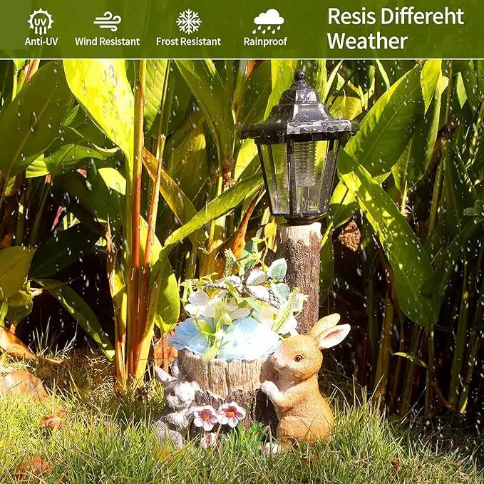 Solar Bunny Garden Stalue Outdoor, Rabbits Figurine Flowerpot Decolwith Solar Lantem for Yard Art Lawn Ornaments Porch Patio Balcony - Gardening Gifts for Women Mom by GreenHaven Gardens