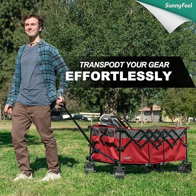 SUNNYFEEL 49''L 550lbs Heavy Duty Wagon Cart Foldable with Wheels,Extra Long Fold Up Wagons Carts with Side Pocket and Brakes for Camping Sports Garden Shopping (Red) by GreenHaven Gardens