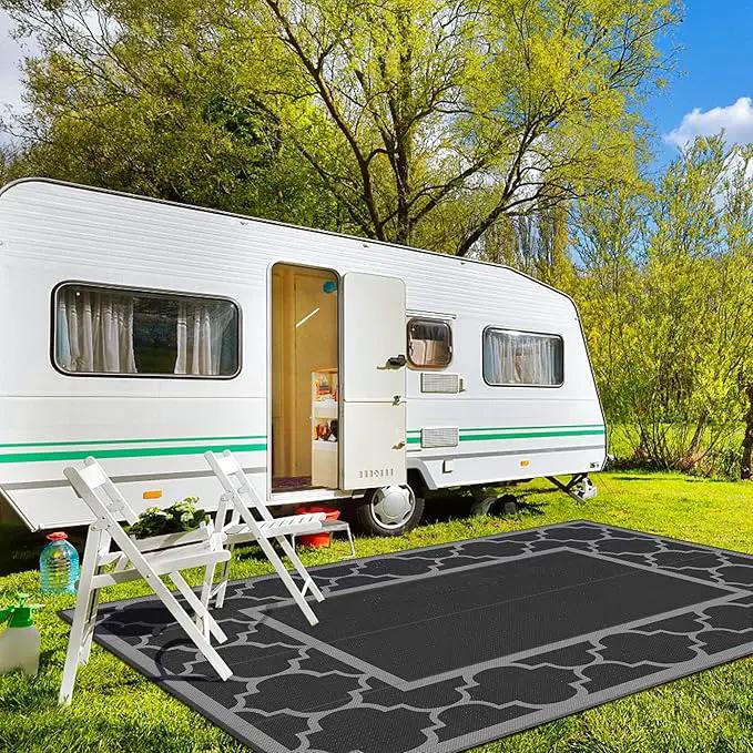 GENIMO 10 ' x 14 ' Outdoor Rug Waterproof for Patio Decor, Foldable Reversible Plastic Straw Area Rugs Mat for Camper, Outside Carpet for Rv, Deck, Porch, Picnic, Beach, Balcony, Black & Grey by GreenHaven Gardens
