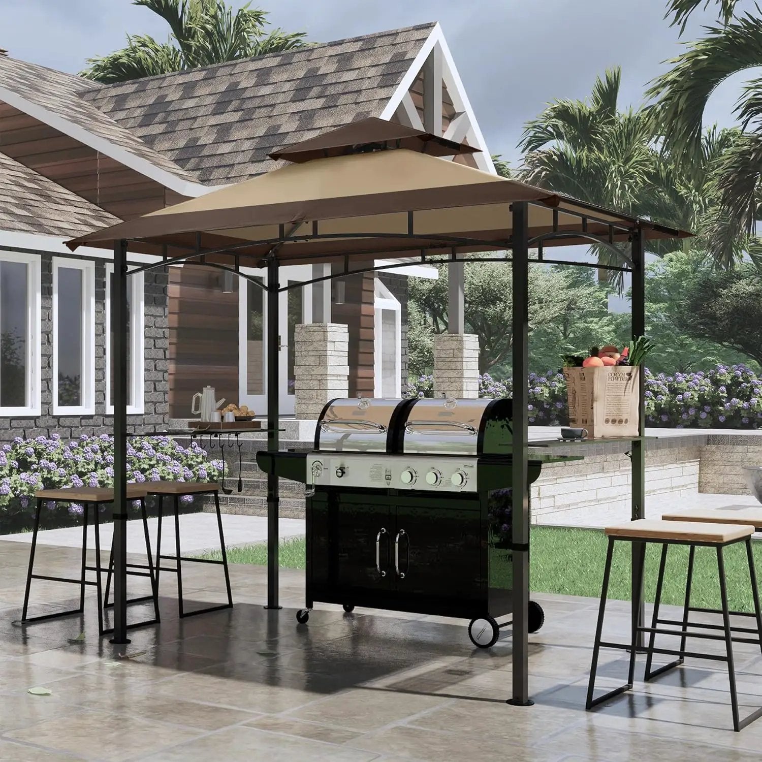 COOSHADE 8'x 5' Grill Gazebo Double Tiered Outdoor BBQ Gazebo Canopy with LED Light (Brown with Khaki) by GreenHaven Gardens