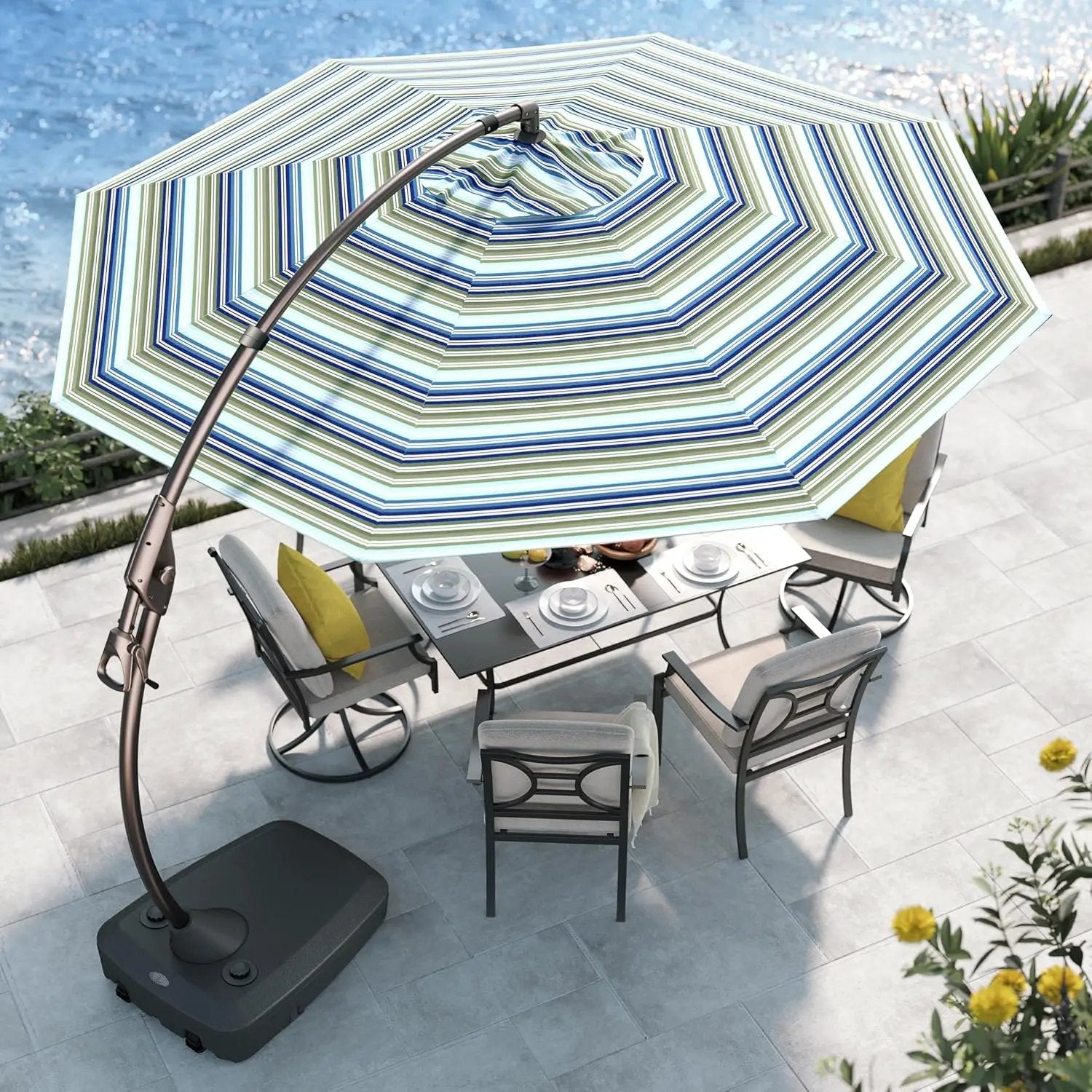 Grand patio 11 FT Cantilever Umbrella with Base Outdoor Large Round Aluminum Offset Umbrella for Pool Garden Backyard (Stripes, 11 FT) by GreenHaven Gardens