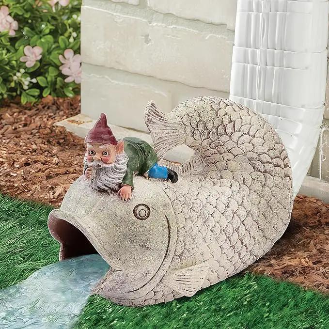 Gnome Fish Sculpture - Eco-Friendly Resin Gutter Diverter Rain, Outdoor Decor Sculpture, Garden Animal Statue, Gutter Downspout Splash Block, Decorative Extension, Ideal for 3"x4" Downspouts by GreenHaven Gardens