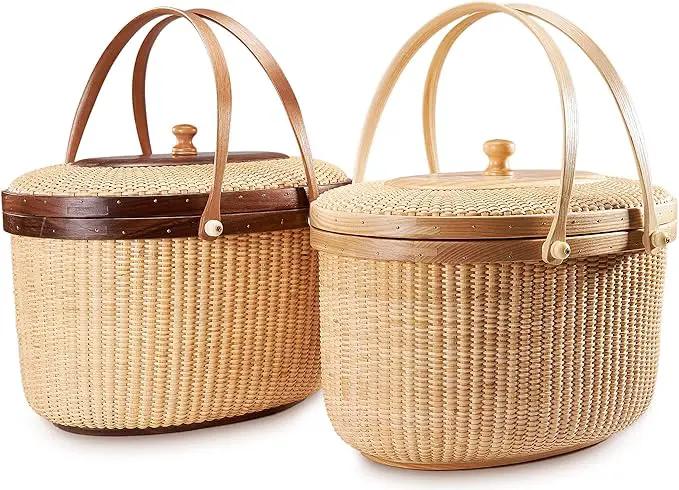 Nantucket style basket Picnic Basket rattan Handmade Products woven Sewing storage basket Two swing handles Tote Bag For Women by GreenHaven Gardens