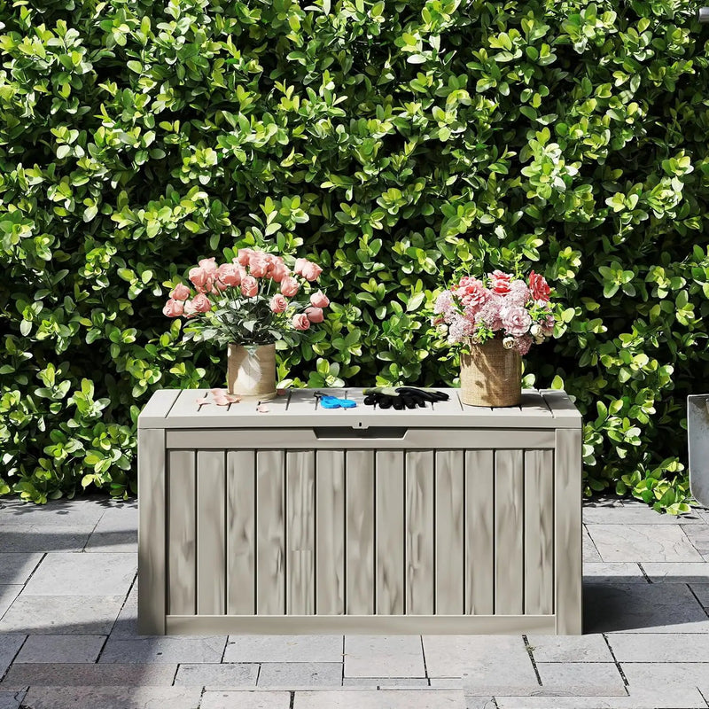 80 Gallon Coffee Resin Deck Box - Rustic Outdoor Storage for Garden Tools, Patio Essentials & Package Delivery - Weatherproof, Lockable for Farmhouse Decks by GreenHaven Gardens