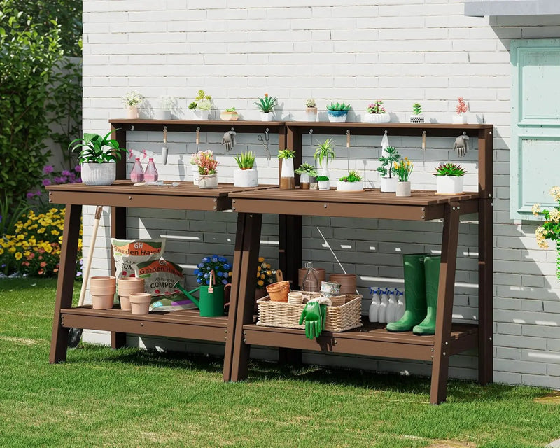 SERWALL Potting Bench Outdoor with Storage Set of 2, 3-Tier HDPE Gardening Table with Angled Legs & Tool Hooks, All-Weather Heavy Duty Potting Table for Patio, Backyard, Garden, Brown by GreenHaven Gardens